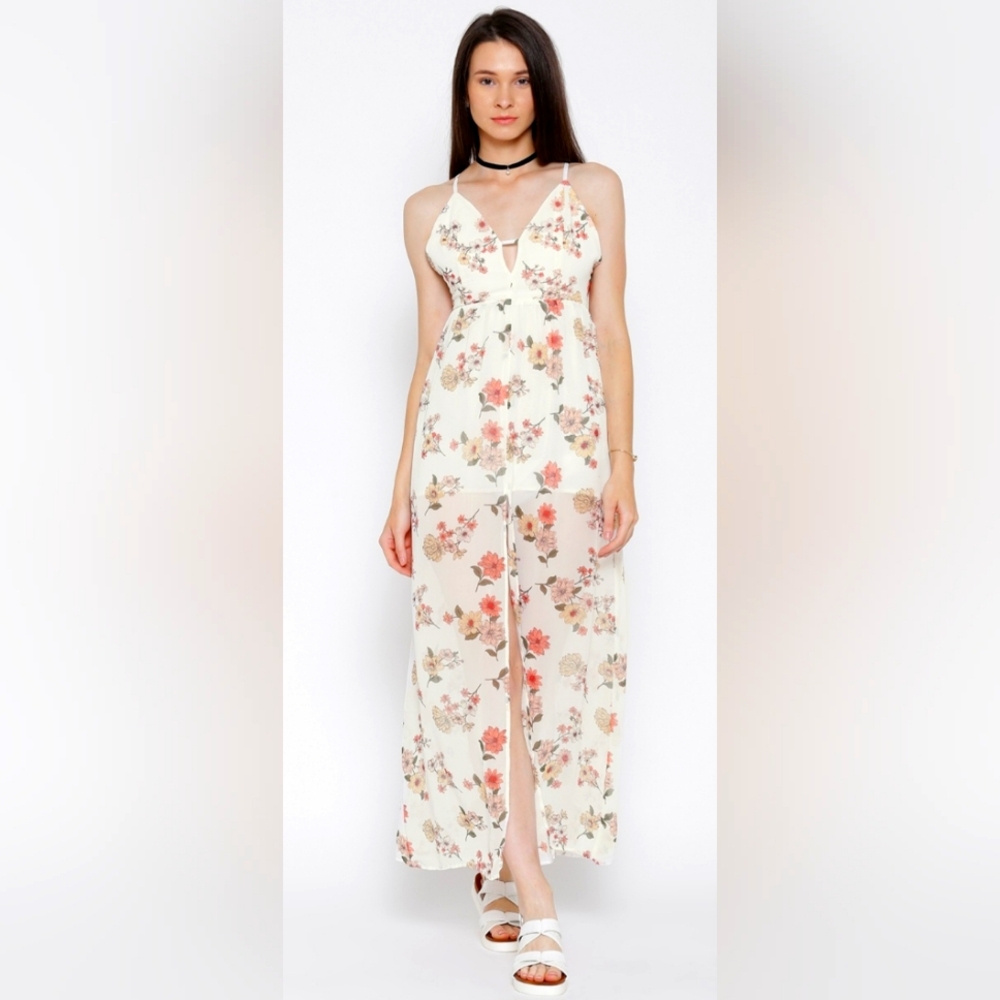 Forever 21 White and Pink Maxi Dress with Floral Pattern and High Slit